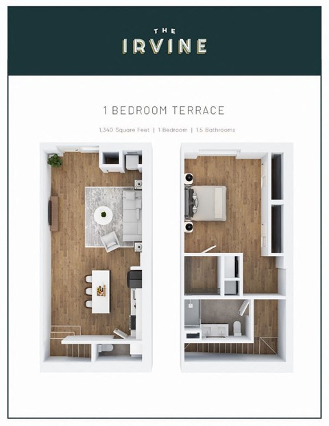 Floor plan for 1 bed, 1.5 baths, 1340 sqft